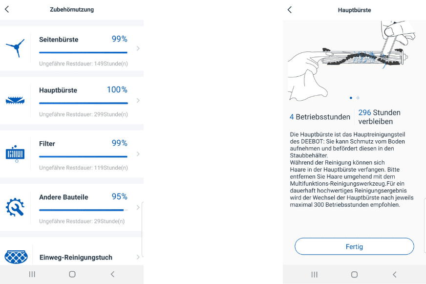 Wartungshinweise der einzelnen Komponenten des Ecovacs Deebot N8 PRO+ in der Ecovacs Home App